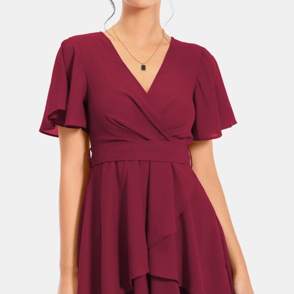 Surplice Neck Flutter Sleeve Dress - Picture 3 of 8